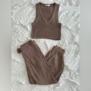 Pookie & Sebastian Brown Knit Sleeveless Top and Jogger Set